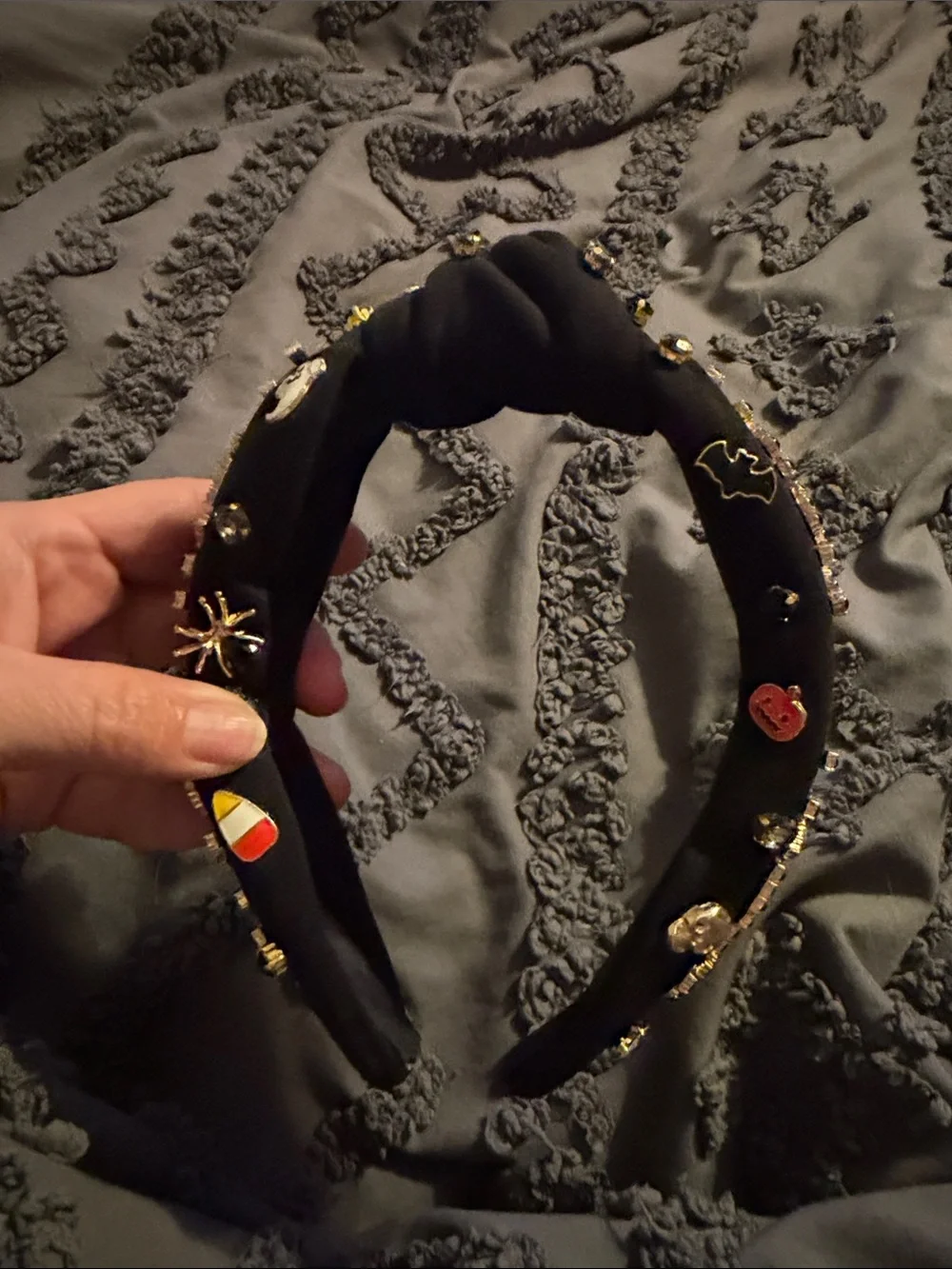 NWOT Black Embellished Knotted Headband with Gold Accents and Halloween Charms